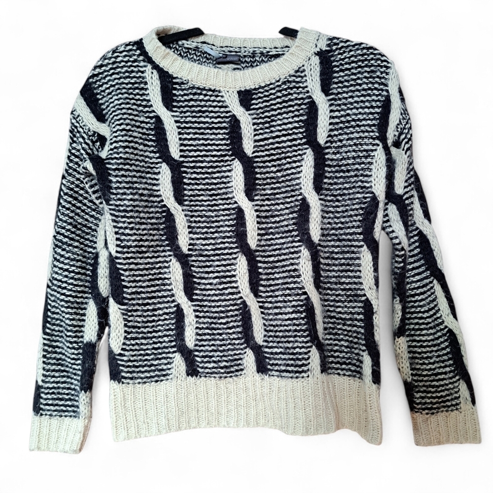 Sparkle & Fade Chunky Knit Sweater Black Cream Cable Pattern XS